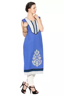 Blue Embroidered Cotton Party Wear Kurti