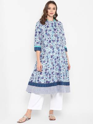 Women blue Printed Flared Kurta 1