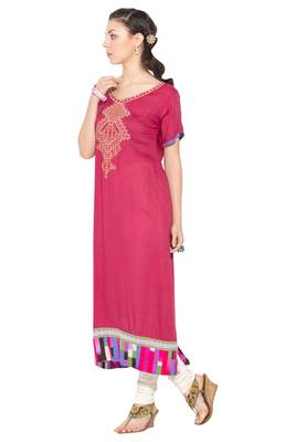 Red Embroidered Cotton Party Wear Kurti 2