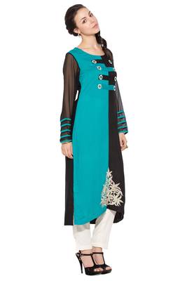 Blue Embroidered Cotton Party Wear Kurti 3
