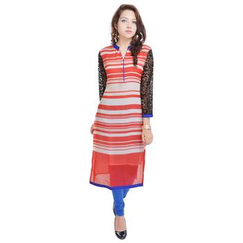 Women Red stripes_printed Straight Kurta 1
