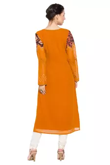 Orange Embroidered Georgette Party Wear Kurti