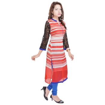 Women Red stripes_printed Straight Kurta 2