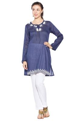 Dark Blue Embroidered Cotton Party Wear Kurti 1