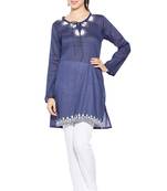 Dark Blue Embroidered Cotton Party Wear Kurti