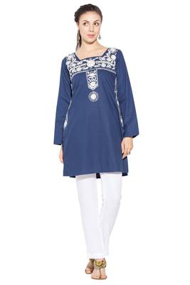Dark Blue Embroidered Cotton Party Wear Kurti 1