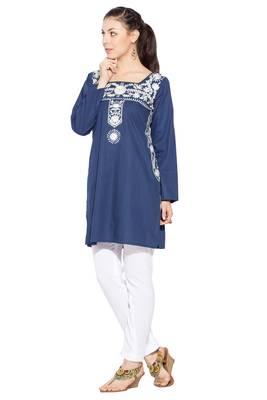 Dark Blue Embroidered Cotton Party Wear Kurti 2