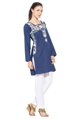 Dark Blue Embroidered Cotton Party Wear Kurti 3