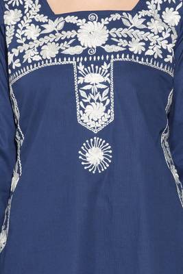 Dark Blue Embroidered Cotton Party Wear Kurti 5