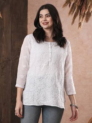 Hand Embroidered White Cotton Lucknow Chikan Women Top 1