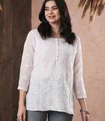 Hand Embroidered White Cotton Lucknow Chikan Women Top