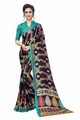 Blue printed cotton saree with blouse 1
