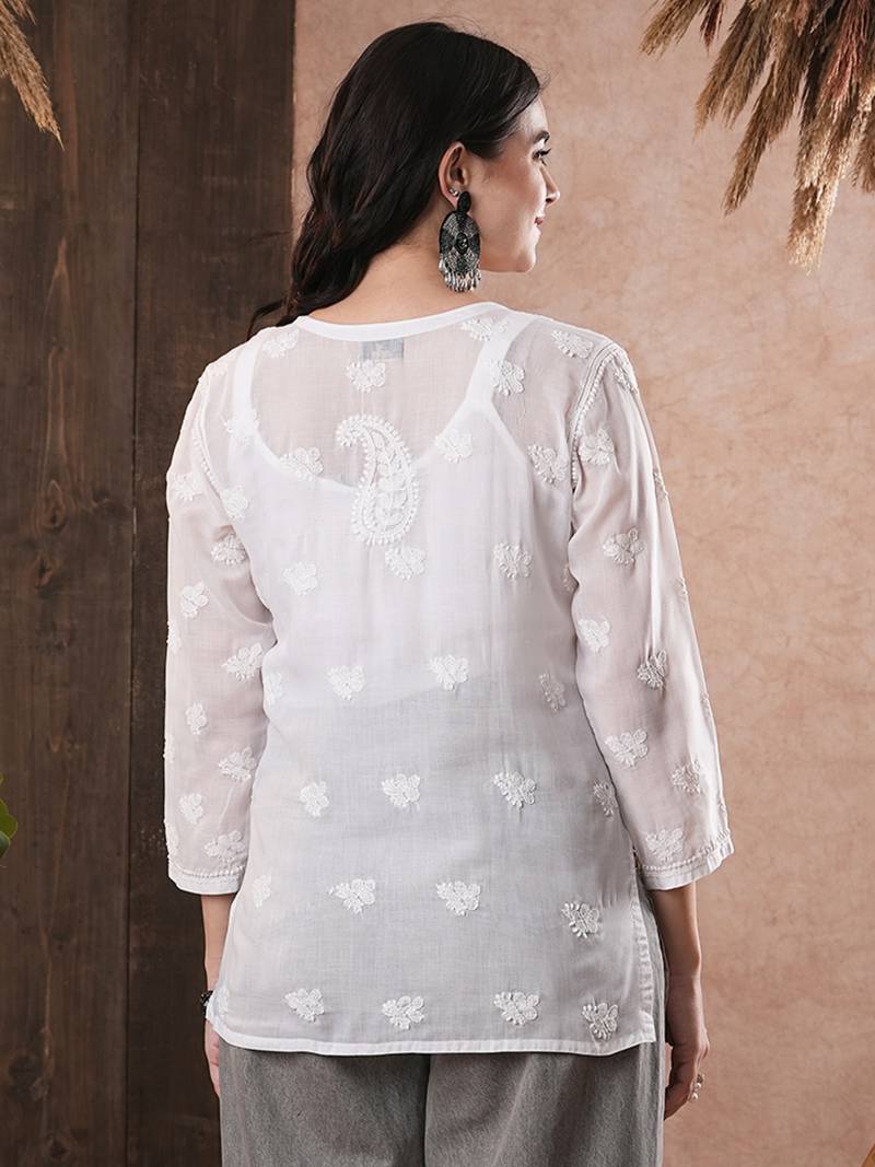 Hand Embroidered White Cotton Lucknow Chikan Women Top