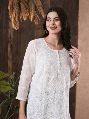 Hand Embroidered White Cotton Lucknow Chikan Women Top 3