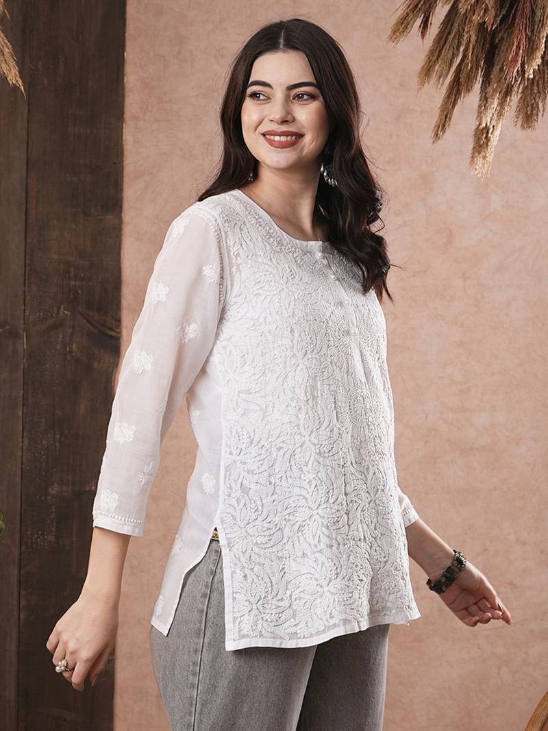 Hand Embroidered White Cotton Lucknow Chikan Women Top