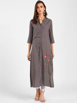 Women Grey Embroidered Straight Kurta 1