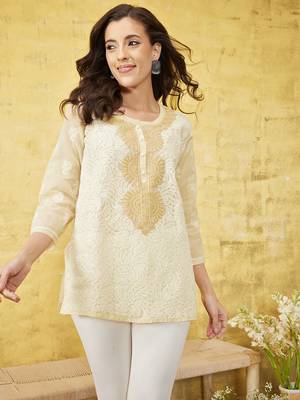 Ada Handmade Fawn Cotton Lucknowi Chikankari Indian Women Top - A100242 1