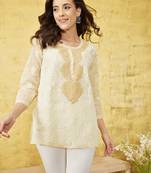 Ada Handmade Fawn Cotton Lucknowi Chikankari Indian Women Top - A100242