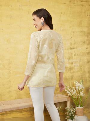 Ada Handmade Fawn Cotton Lucknowi Chikankari Indian Women Top - A100242 2