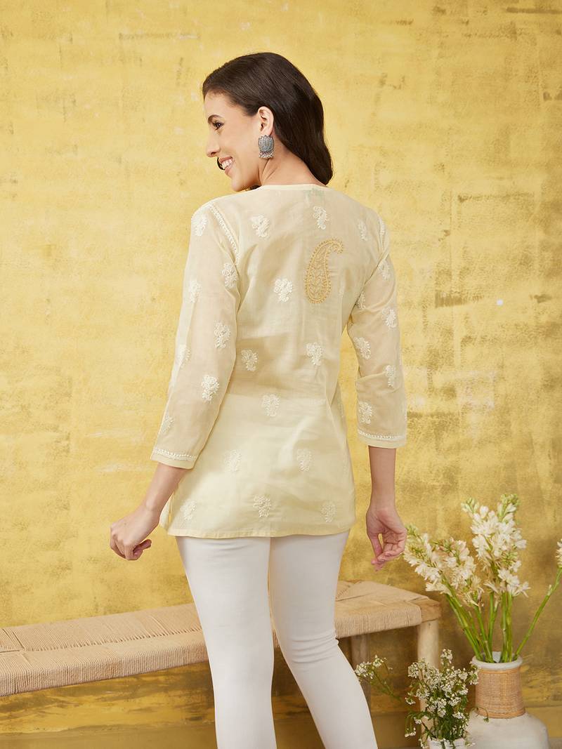 Ada Handmade Fawn Cotton Lucknowi Chikankari Indian Women Top - A100242
