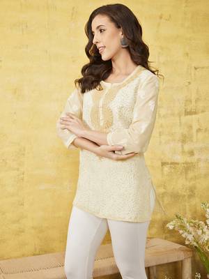 Ada Handmade Fawn Cotton Lucknowi Chikankari Indian Women Top - A100242 3