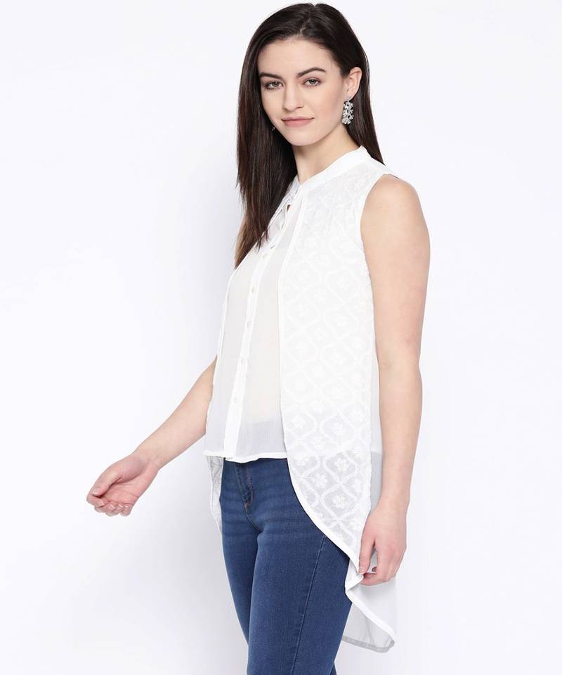 Ada Hand Embroidered White Georgette Lucknow Chikan Women Top - A100234