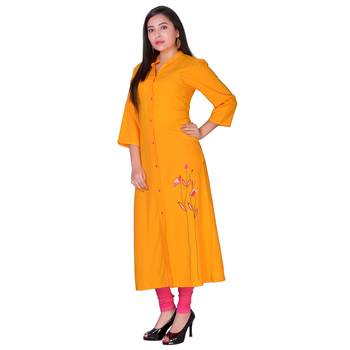 Women Yellow Embroidered Frontslit Kurta 1
