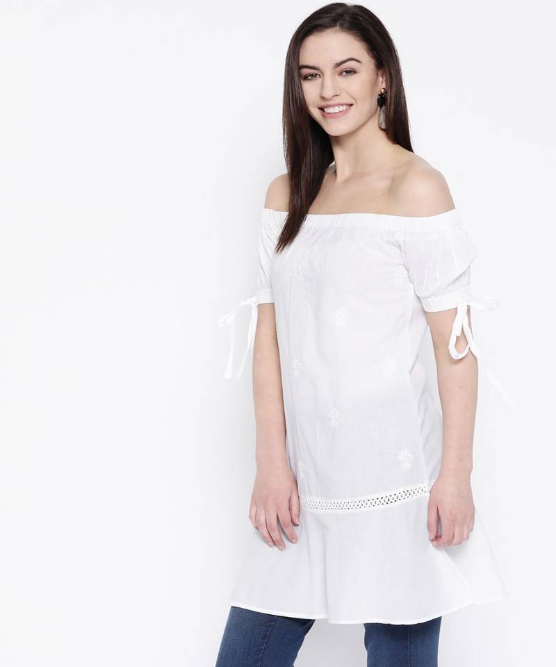 Hand Embroidered White Cotton Lucknow Chikankari Women Short Top