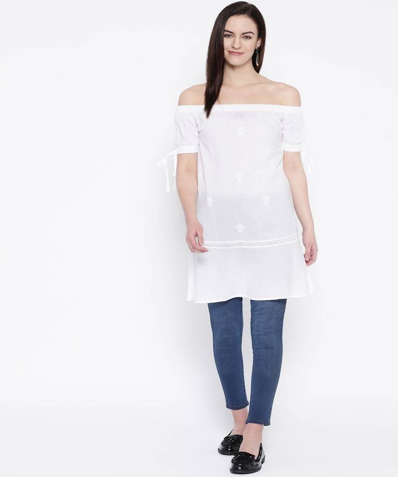 Hand Embroidered White Cotton Lucknow Chikankari Women Short Top