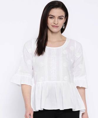 Ada Hand Embroidered White Cotton Lucknow Chikan Women Top - A100149 1
