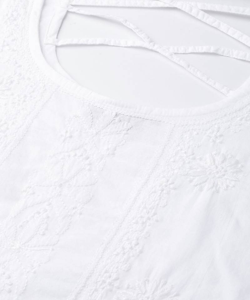 Ada Hand Embroidered White Cotton Lucknow Chikan Women Top - A100149