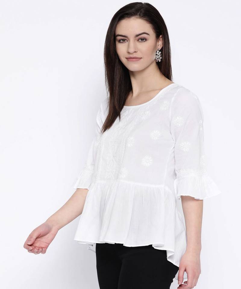 Ada Hand Embroidered White Cotton Lucknow Chikan Women Top - A100149