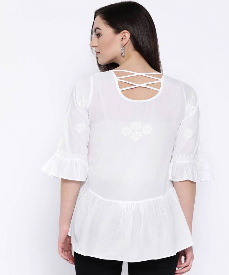 Ada Hand Embroidered White Cotton Lucknow Chikan Women Top - A100149