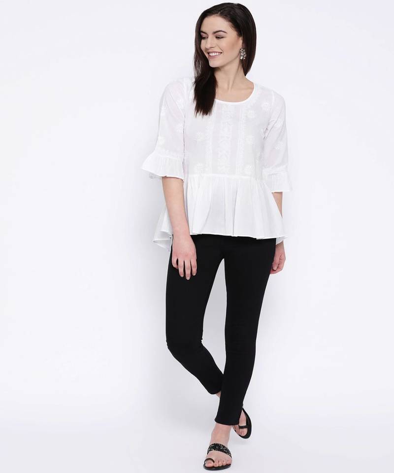 Ada Hand Embroidered White Cotton Lucknow Chikan Women Top - A100149