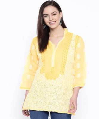 Hand Embroidered Yellow Cotton Lucknow Chikan Top 1