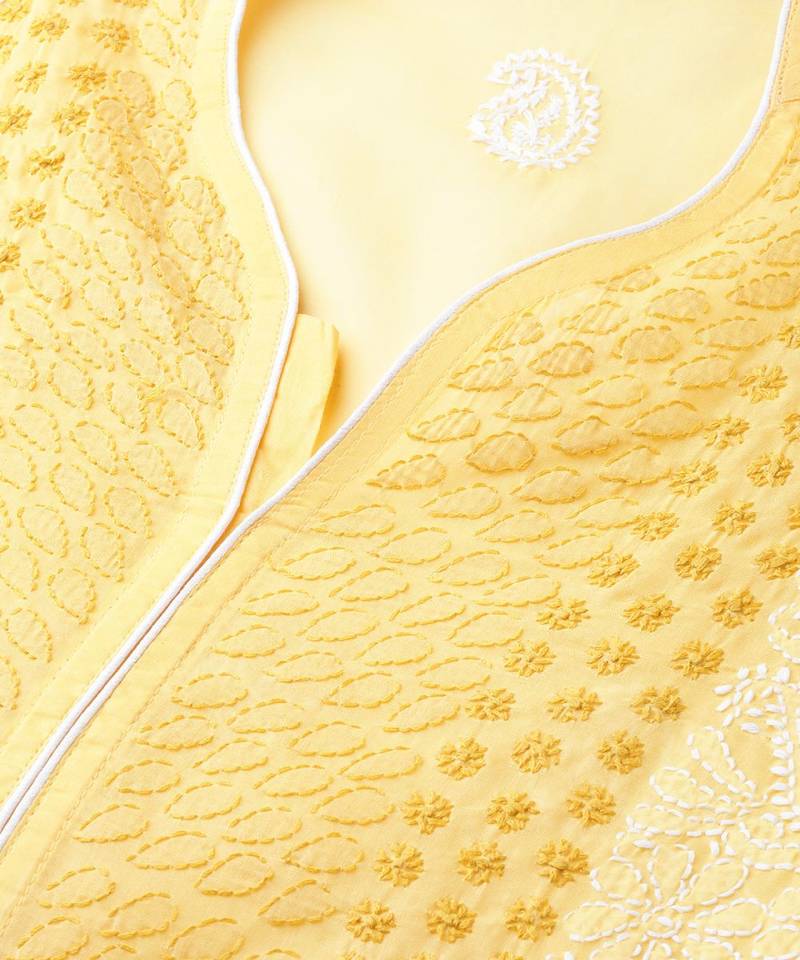 Hand Embroidered Yellow Cotton Lucknow Chikan Top