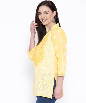 Hand Embroidered Yellow Cotton Lucknow Chikan Top 3
