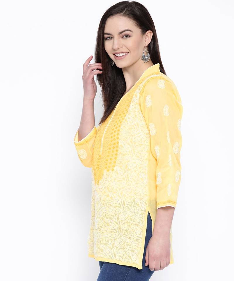 Hand Embroidered Yellow Cotton Lucknow Chikan Top