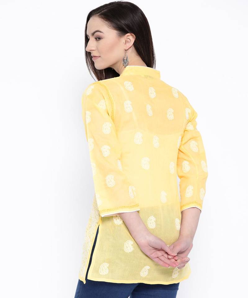 Hand Embroidered Yellow Cotton Lucknow Chikan Top