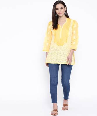 Hand Embroidered Yellow Cotton Lucknow Chikan Top 5
