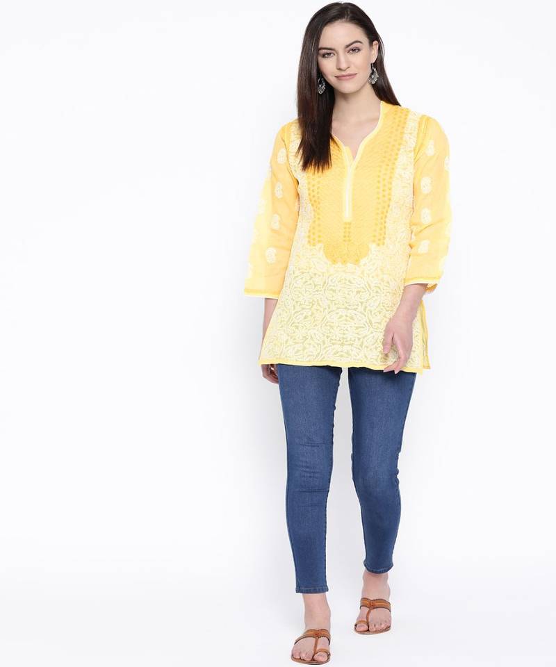 Hand Embroidered Yellow Cotton Lucknow Chikan Top