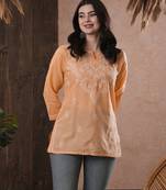 Hand Embroidered Peach Cotton Lucknow Chikan Women Top