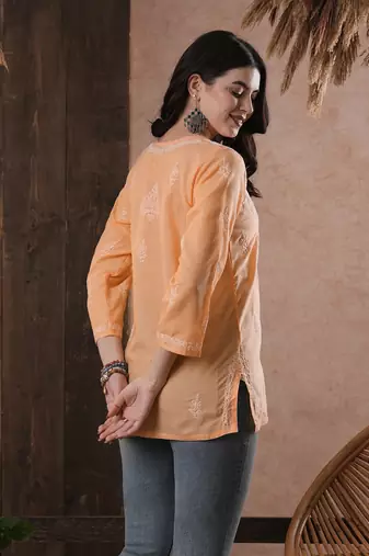 Hand Embroidered Peach Cotton Lucknow Chikan Women Top
