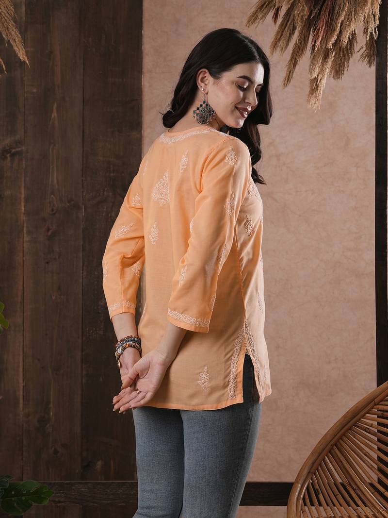 Hand Embroidered Peach Cotton Lucknow Chikan Women Top