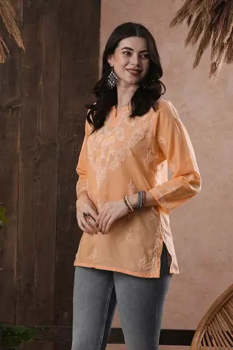 Hand Embroidered Peach Cotton Lucknow Chikan Women Top
