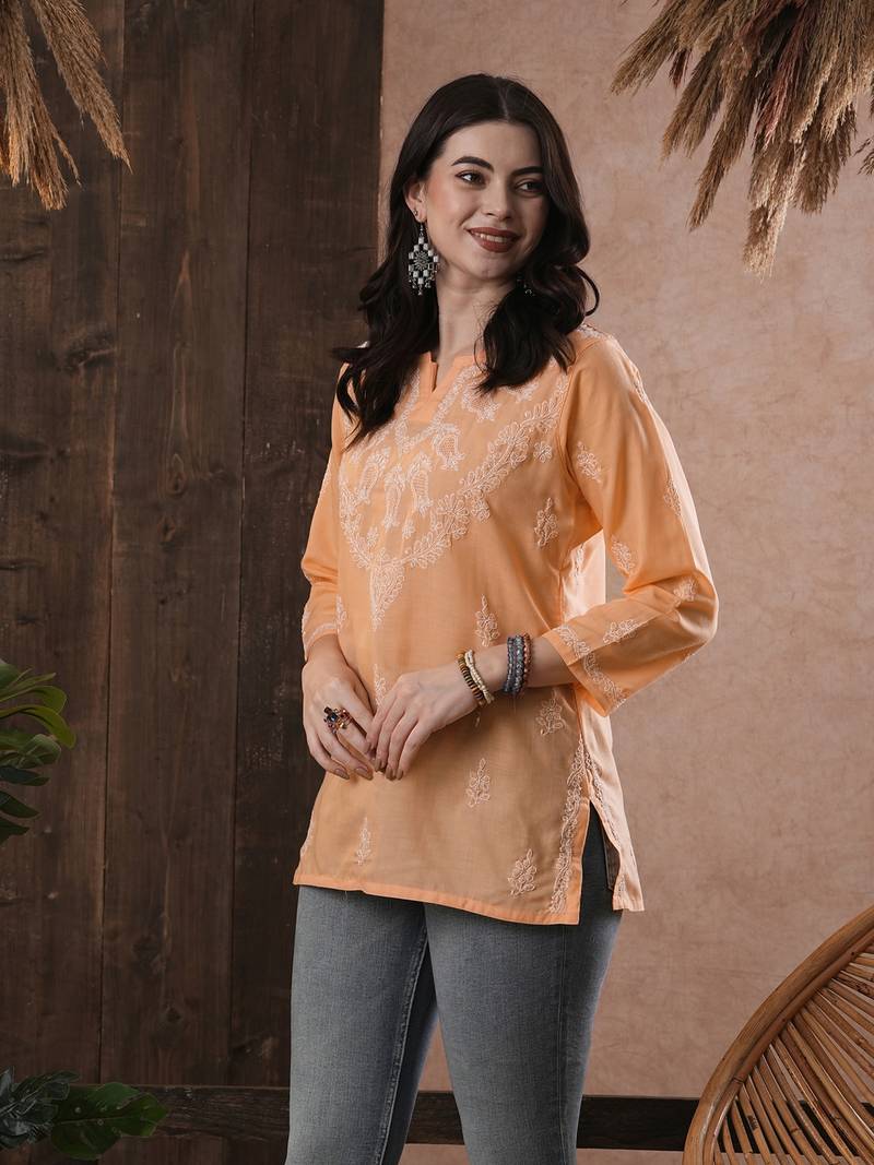 Hand Embroidered Peach Cotton Lucknow Chikan Women Top