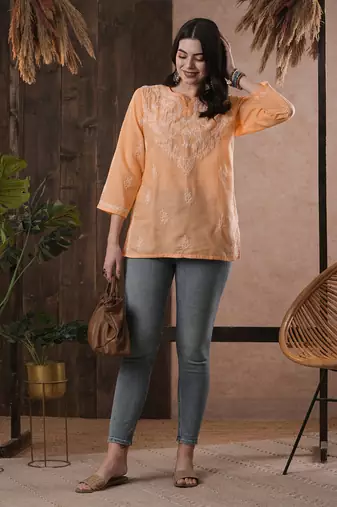 Hand Embroidered Peach Cotton Lucknow Chikan Women Top