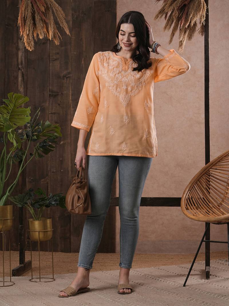 Hand Embroidered Peach Cotton Lucknow Chikan Women Top