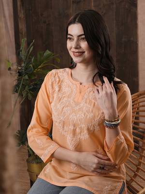 Hand Embroidered Peach Cotton Lucknow Chikan Women Top 5