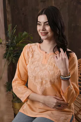 Hand Embroidered Peach Cotton Lucknow Chikan Women Top